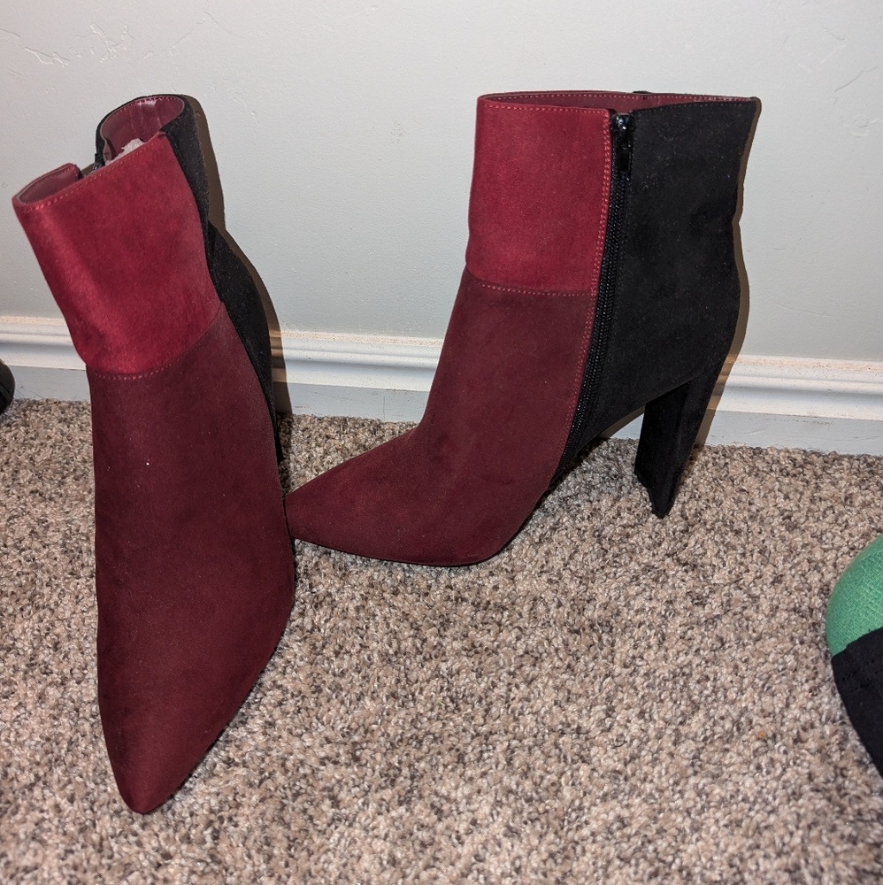 Maroon black patchwork booties